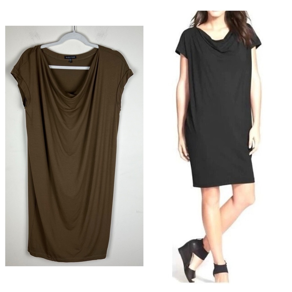 Eileen Fisher | Stretchy Comfy Draped Cap Sleeve Jersey Knee Length Dress | XS